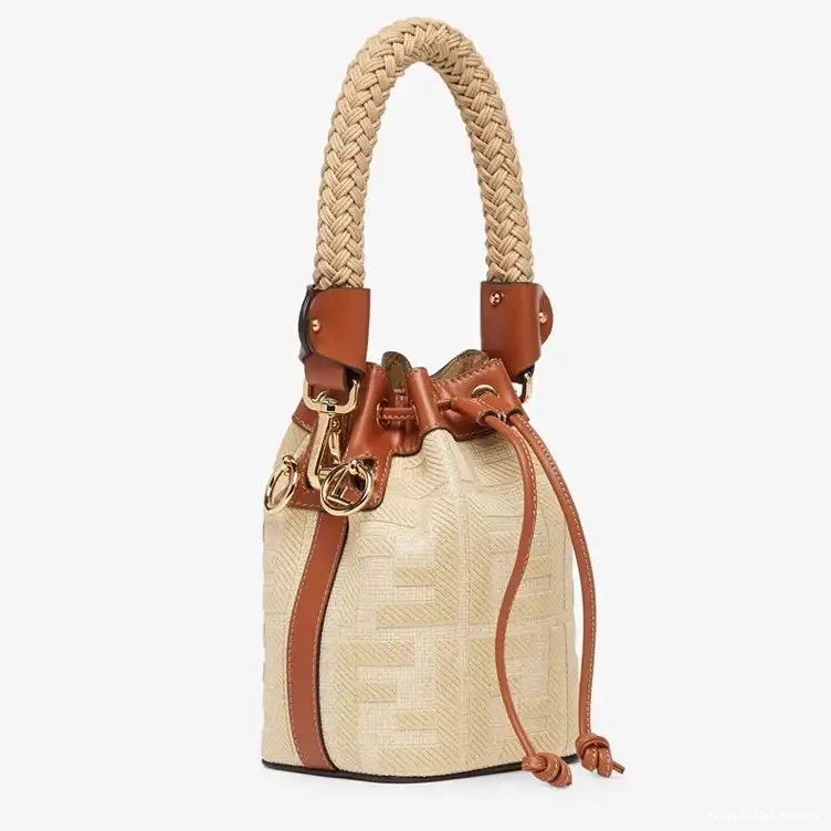 Affordable HOT Motif Fendi Straw In Handle Bag Tresor with Bucket Straw FF Mini Mon Beige 0604